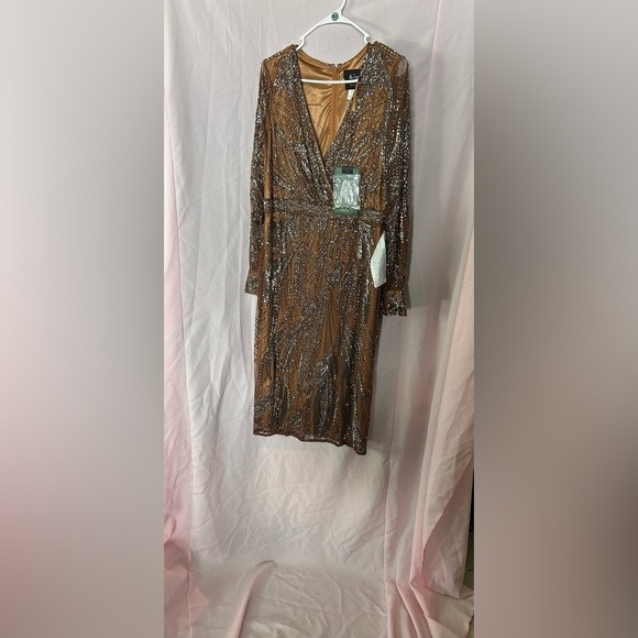 Mac Duggal 5295 NWT BEADED LONG SLEEVE WRAP OVER MIDI DRESS - Picture 5 of 16